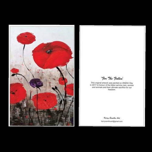 Original painting of red poppies with an abstract background on a blank card