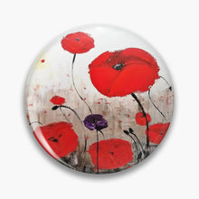 Load image into Gallery viewer, Original painting of red poppies with an abstract background on a round pin
