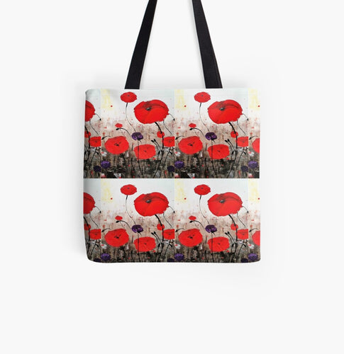 Original painting of red poppies with an abstract background on a 41 x 41cm tote bag