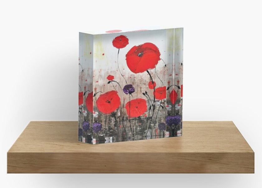 Original painting of red poppies with an abstract background on a 10 x 10cm acrylic photographic block