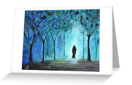 Original painting of a couple hugging in a blue and teal coloured forest on a blank card