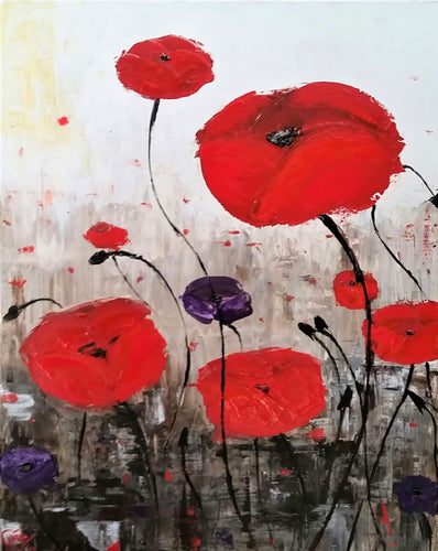 Original painting of red poppies with an abstract background