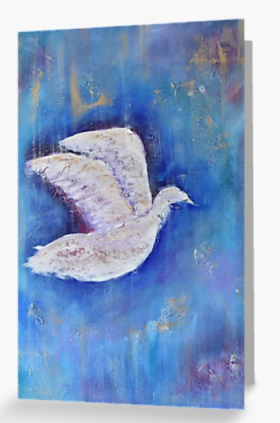 Original painting of a white bird with a blue abstract background blank card