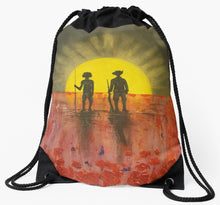 Load image into Gallery viewer, Original painting of a rising sun which is an abstract version of the Aboriginal flag with the silhouette of an Aboriginal holding a spear and a soldier holding a gun surrounded by red poppies on a drawstring backpack
