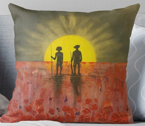 Original painting of a rising sun which is an abstract version of the Aboriginal flag with the silhouette of an Aboriginal holding a spear and a soldier holding a gun surrounded by red poppies on a 40 x 40cm cushion cover