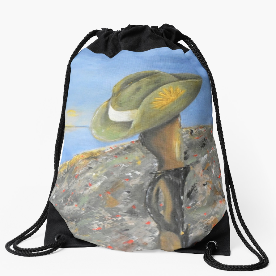 Original painting of a Digger's slouch hat resting on a gun with an ANZAC inspired Crest on a drawstring back pack