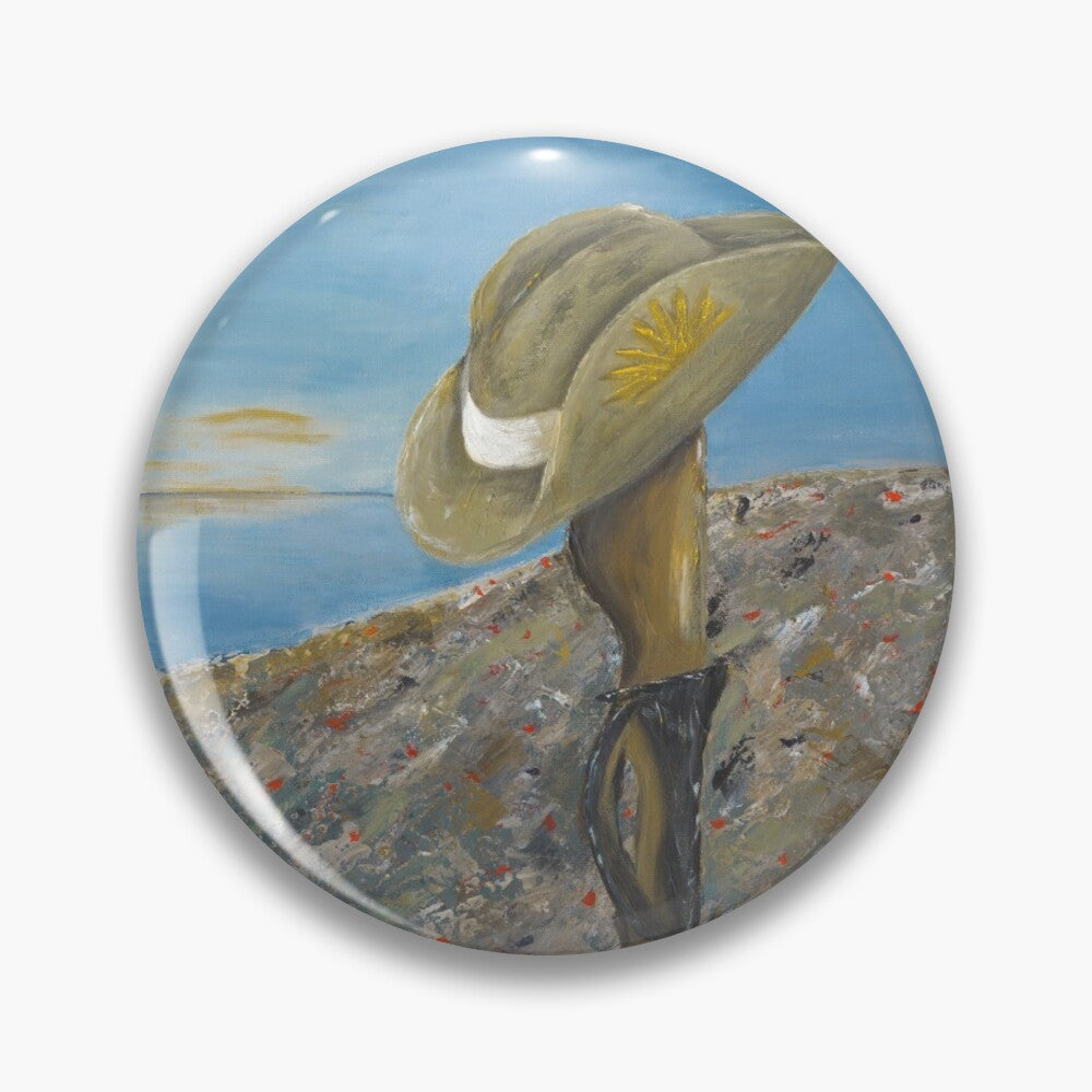 Original painting of a Digger's slouch hat resting on a gun with an ANZAC inspired Crest on a round unisex pin