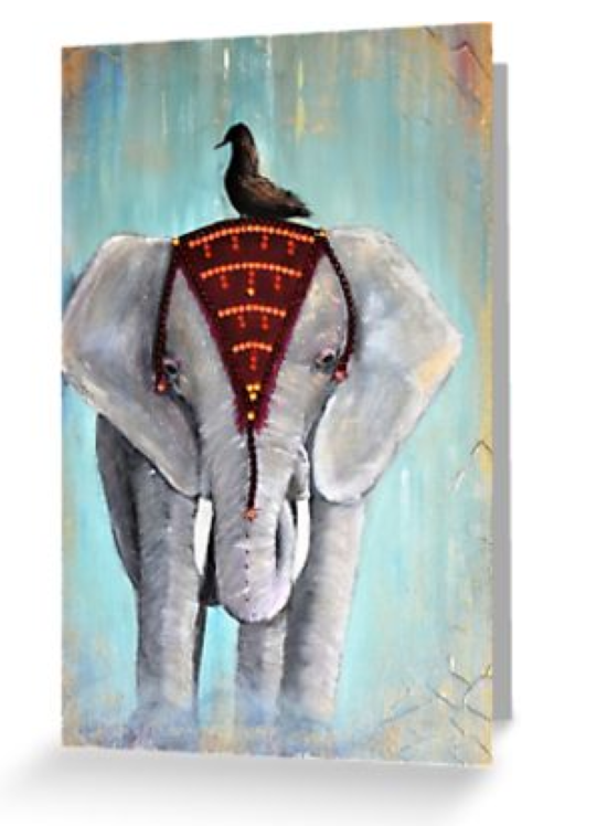 Original painting of a regal Asian elephant in a headdress with a blackbird sitting in it's head blank card