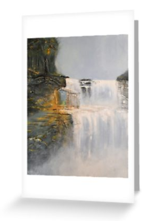 Original painting of a mystical waterfall with a hidden realm blank card