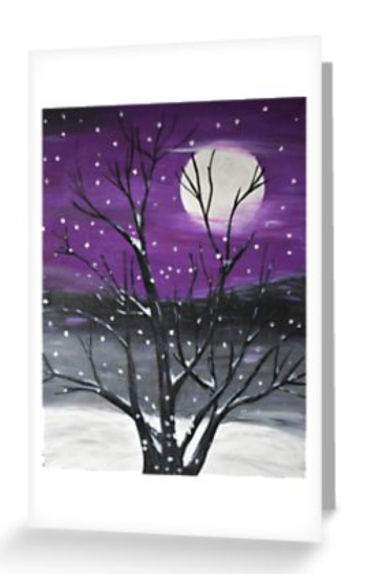 Original painting of a snow scape scene with a full moon and a tree on iPhone and Samsung tough phone cases available in various models on a blank card