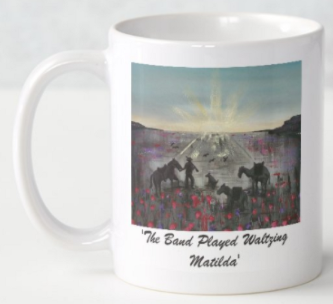 Original painting of a soldier, horse, camel, donkey, dog and birds walking towards an ANZAC Crest inspired sunrise through a field of poppies on a ceramic mug