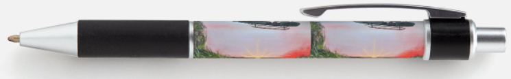 Original painting of a huey helicopter hovering over red smoke and poppies in Vietnam on a black ink ball point pen