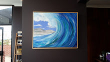 Load image into Gallery viewer, Original painting of a tubular blue and turquoise wave about to crash by Kerry Sandhu Art
