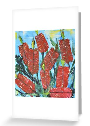 Original painting of a red bottle brushes on a blank card