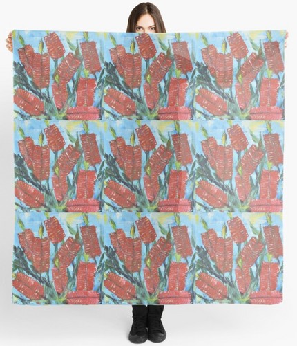 Original painting of a red bottle brushes on a large square 140 x 140cm scarf / wrap / shawl