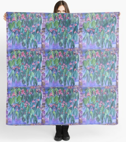Original painting of part of a  flowering gum tree on a large square 140 x 140cm scarf / wrap / shawl