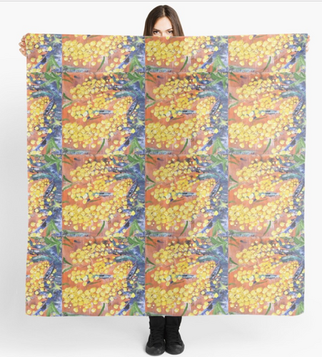Original painting of part of a golden wattle tree on a large square 140 x 140cm scarf / wrap / shawl