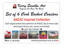 Load image into Gallery viewer, Boxed set of 6 cork backed coasters of 6 original artworks painted on an ANZAC Day (2017 - 2022) 
