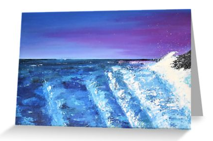 Original painting of crashing waves at sunset on a blank card