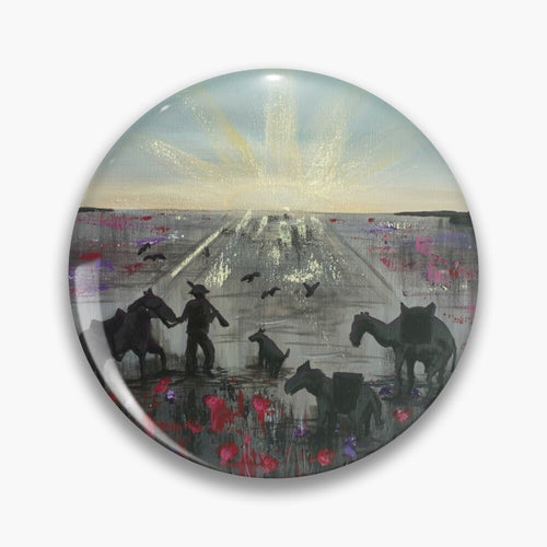 Original painting of a soldier, horse, camel, donkey, dog and birds walking towards an ANZAC Crest inspired sunrise through a field of poppies on a round unisex pin