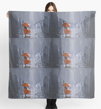 Load image into Gallery viewer, Original painting of a grey tone abstract rainy cityscape with a lady wearing a red coat under a red umbrella and water reflections on a large square 140 x 140cm scarf / wrap / shawl
