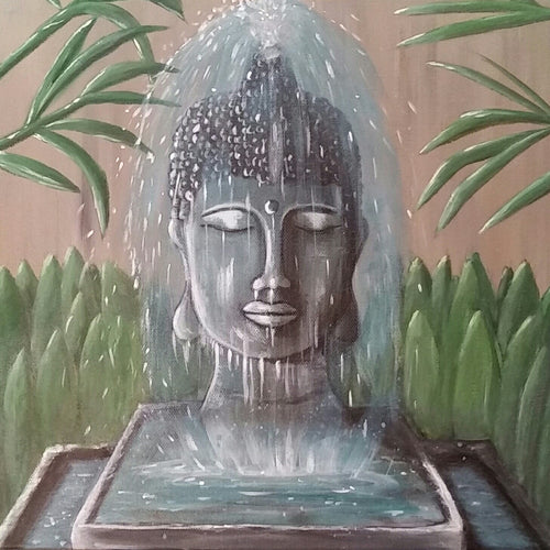 Original painting of a serene buddha head water feature / fountain by Kerry Sandhu Art