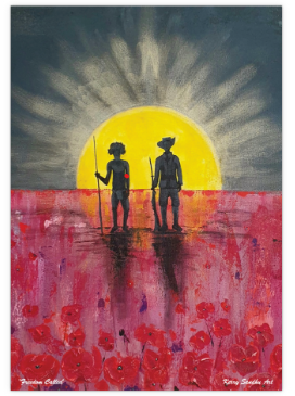 Original painting of a rising sun which is an abstract version of the Aboriginal flag with the silhouette of an Aboriginal holding a spear and a soldier holding a gun surrounded by red poppies on two different sized posters