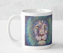 Load image into Gallery viewer, Original painting of a bold coloured lion head close up on a ceramic mug
