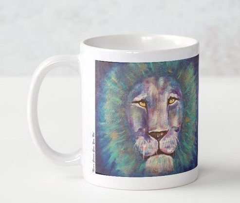 Original painting of a bold coloured lion head close up on a ceramic mug