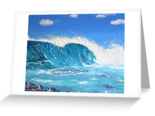 Original painting of a crashing wave over a reef on a blank card