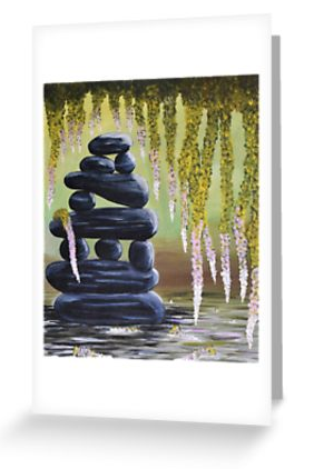 original artwork of rocks in a meditation pool surrounded by wisteria type plantss