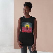 Load image into Gallery viewer, Regular fit sleeveless tank tee is 100% light cotton w/ low &amp; raw (unsewn) armholes by Kerry Sandhu Art. 7 ANZAC designs

