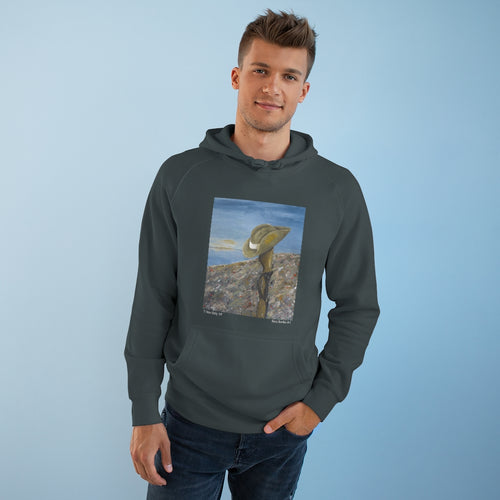 Original painting of a Digger's slouch hat resting on a gun with an ANZAC inspired Crest on the front od a pullover hoodie and available in various colours