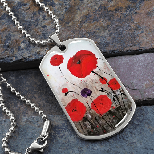 Original painting of red poppies with an abstract background on a military style dog tag pendant and ball chain