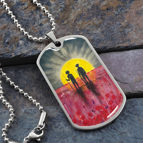 Original painting of a rising sun which is an abstract version of the Aboriginal flag with the silhouette of an Aboriginal holding a spear and a soldier holding a gun surrounded by red poppies on a military style dog tag pendant with ball chain