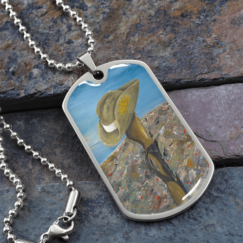 Original painting of a Digger's slouch hat resting on a gun with an ANZAC inspired Crest on a military style dog tag pendant with ball chain