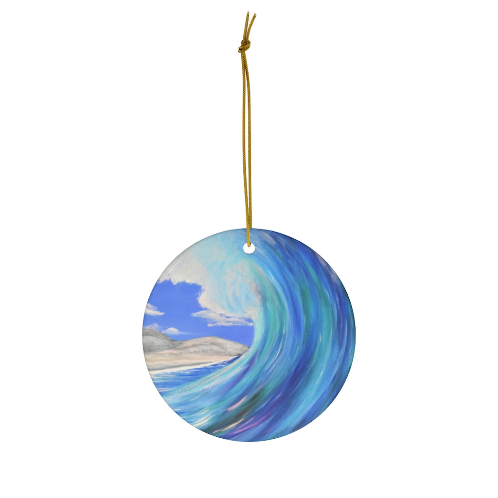 Original painting of a tubular blue and turquoise wave about to crash ion a round ceramic ornament with hanging string