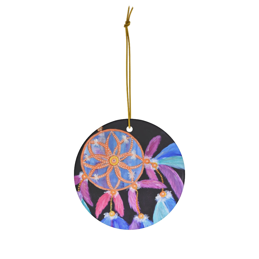Original artwork front, description on back. Thick high-quality porcelain. 7cm diameter. Comes w/ ribbon by Kerry Sandhu Art