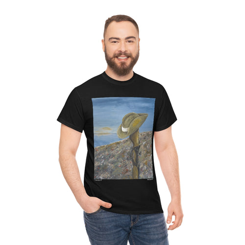 Original painting of a Digger's slouch hat resting on a gun with an ANZAC inspired Crest on the front of a cotton t-shirt available in black and white