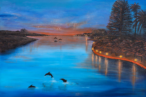 Original artwork of silhouetted dolphins swimming at sunset in the Mandurah estuary with beautiful blue and orange complimentary colours.