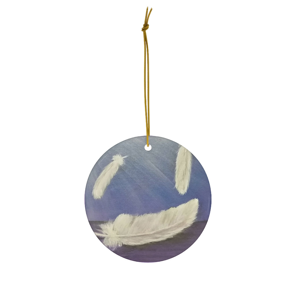 Original painting of three white feathers in sunrays on a round ceramic ornament with hanging string