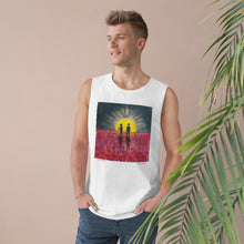 Load image into Gallery viewer, Regular fit sleeveless tank tee is 100% light cotton w/ low &amp; raw (unsewn) armholes by Kerry Sandhu Art. 7 ANZAC designs
