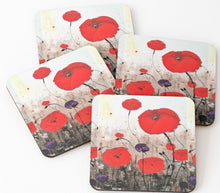 Load image into Gallery viewer, Original painting of red poppies with an abstract background on cork backed coasters
