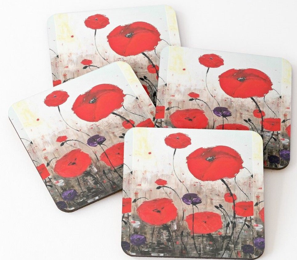 Original painting of red poppies with an abstract background on cork backed coasters