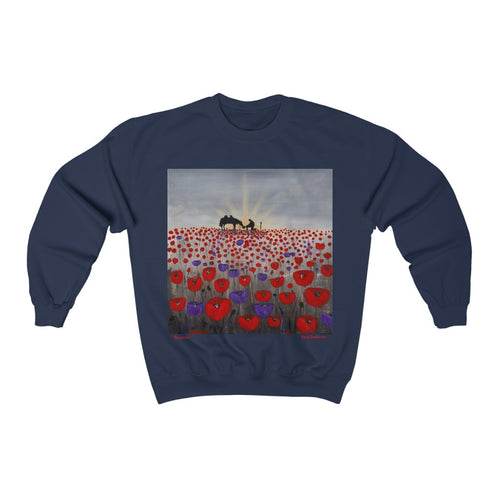 Original artwork of a sunrise (in the form of the ANZAC Crest) with a silhouette of a soldier kneeling next to his horse drinking from his hat in a field of red and purple poppies on the front of a unisex sweatshirt. Available in multiple colours.