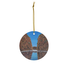 Load image into Gallery viewer, Original painting of Horizontal Falls in the North West of Western Australia and it&#39;s reflection in the water on a round ceramic ornament with hanging string
