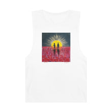 Load image into Gallery viewer, Regular fit sleeveless tank tee is 100% light cotton w/ low &amp; raw (unsewn) armholes by Kerry Sandhu Art. 7 ANZAC designs
