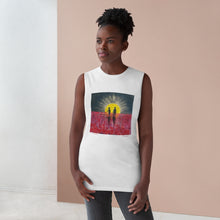 Load image into Gallery viewer, Regular fit sleeveless tank tee is 100% light cotton w/ low &amp; raw (unsewn) armholes by Kerry Sandhu Art. 7 ANZAC designs
