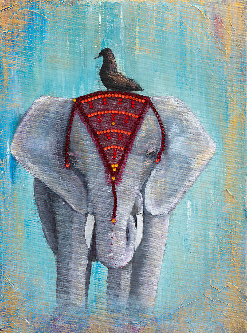 Original painting of a regal Asian elephant in a headdress with a blackbird sitting in it's head