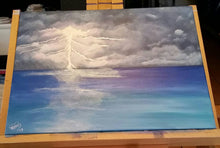 Load image into Gallery viewer, Original painting of lightning cracking over a calm ocean by Kerry Sandhu Art
